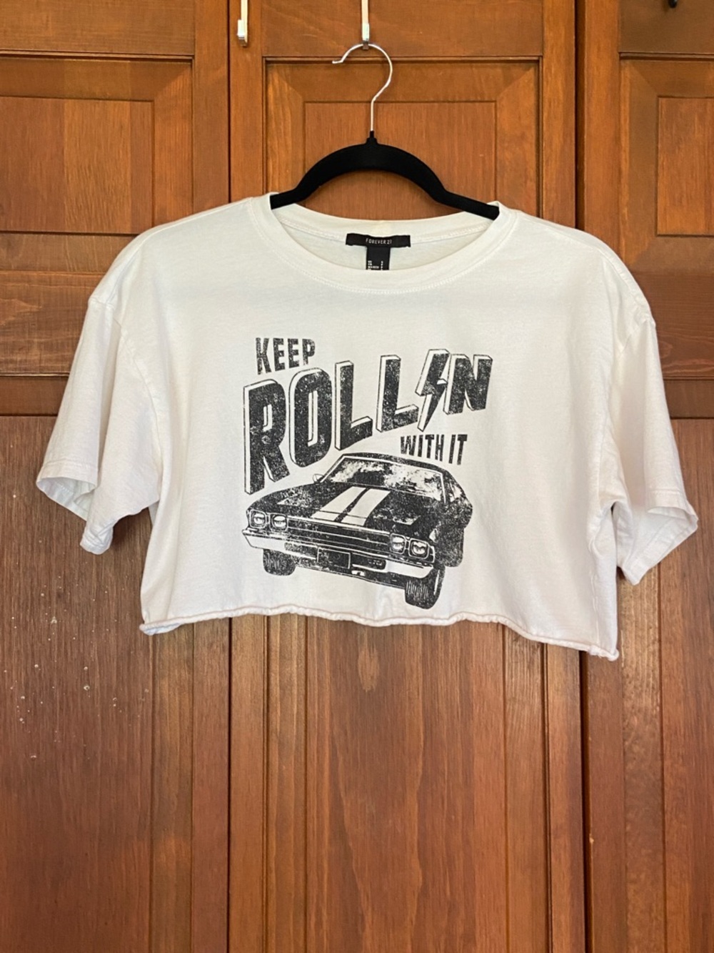 Forever 21 White Graphic 'Keep Rollin' Cropped Tee